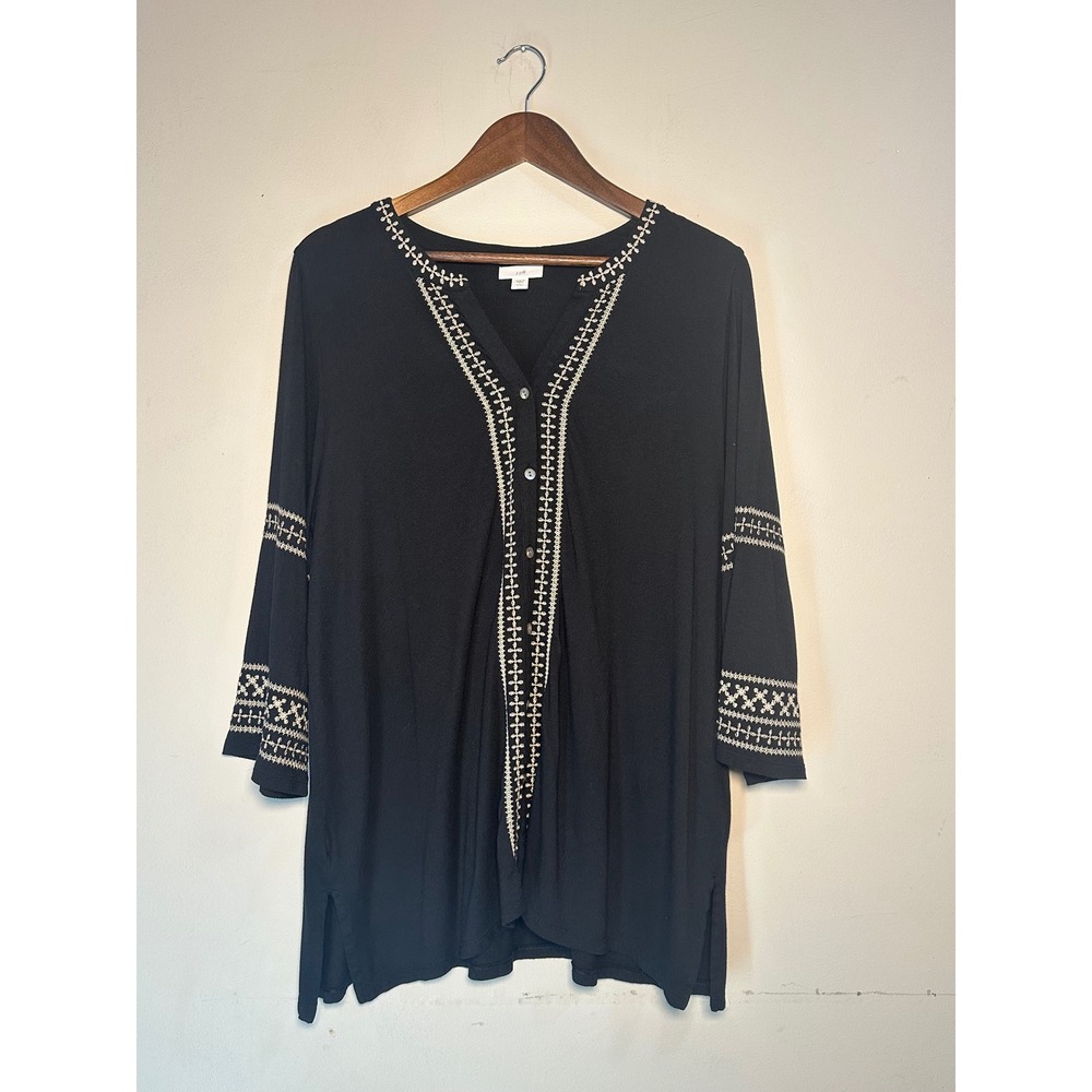 J.Jill Black Embroidered Cotton Tencel Tunic Top Petite Large Boho V-Neck